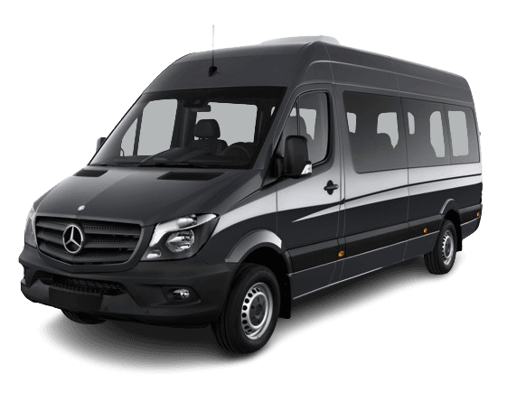 A black Mercedes-Benz Sprinter passenger van