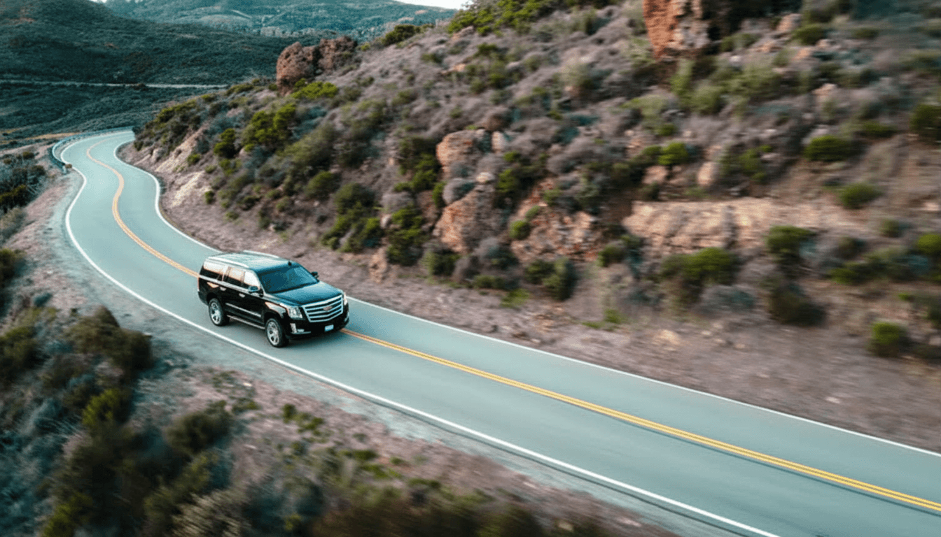 A black chauffeured SUV on a winding canyon road outside Los Angeles